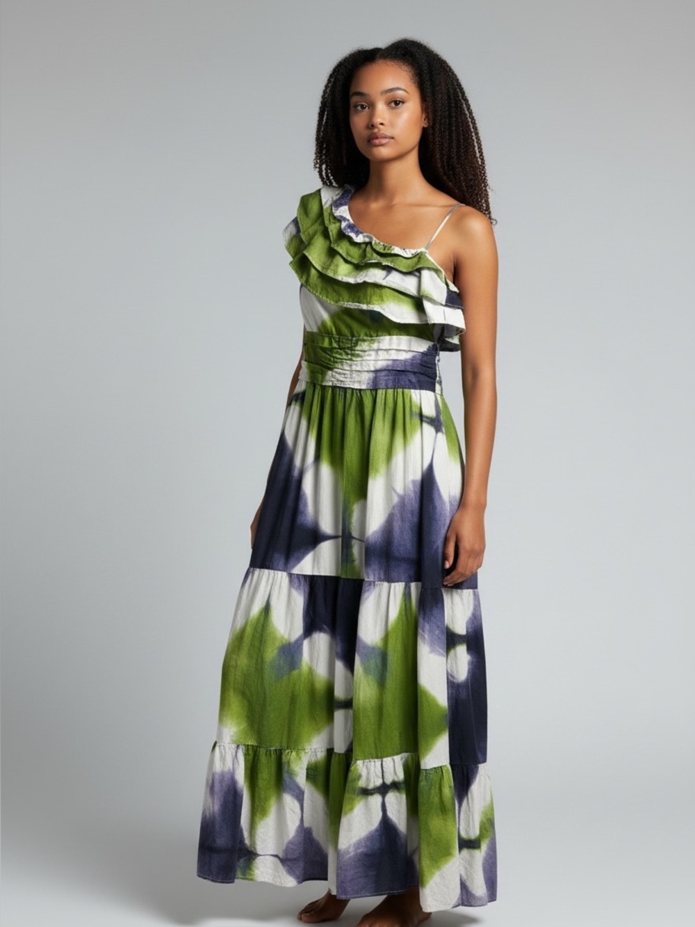 Busayo Collective One Shoulder Green Tie Dye Tiered Maxi Dress